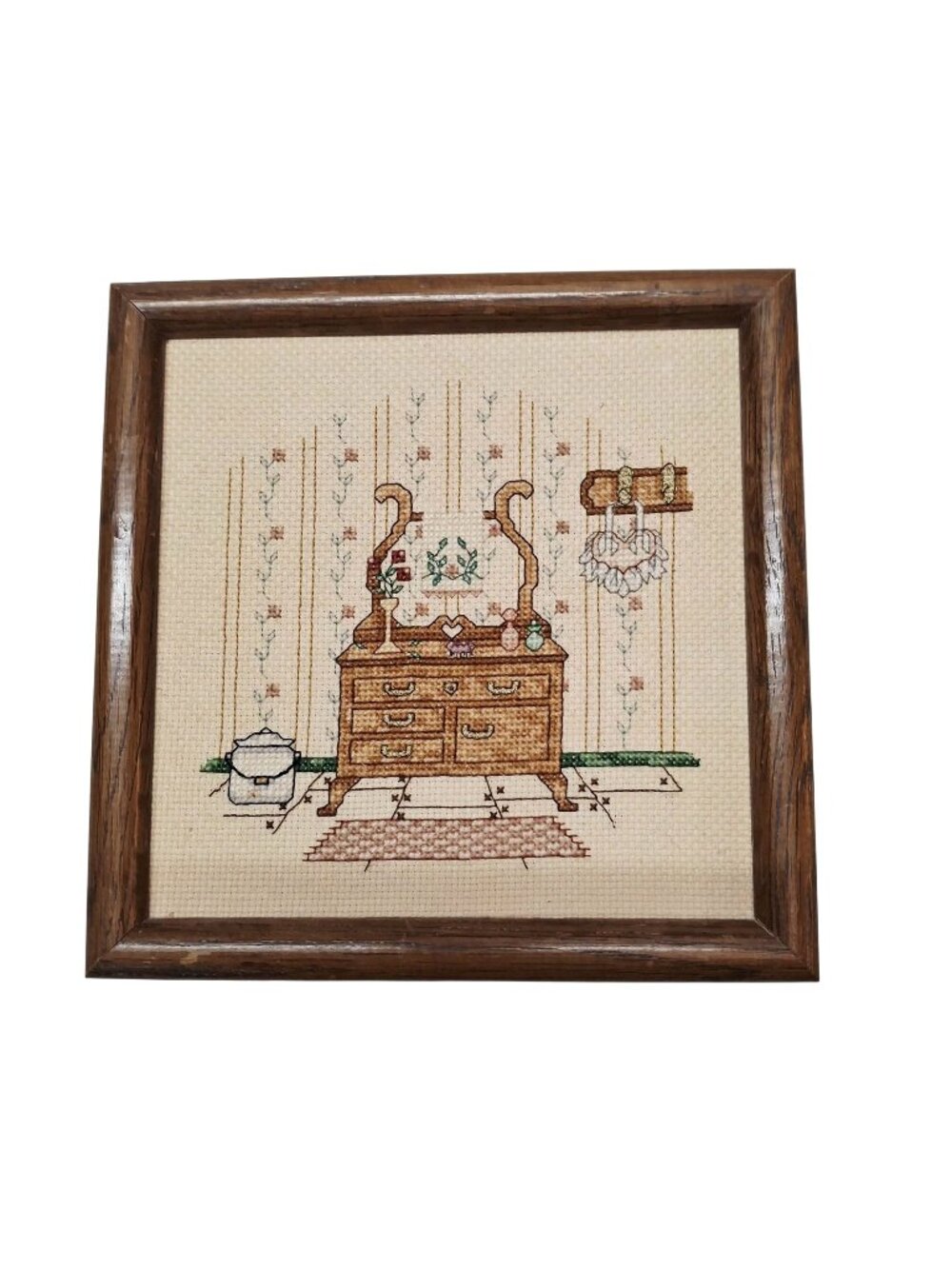 Vintage Framed Cross-Stitch Art Of Vanity Table Scene With Wooden Frame 8"x8"